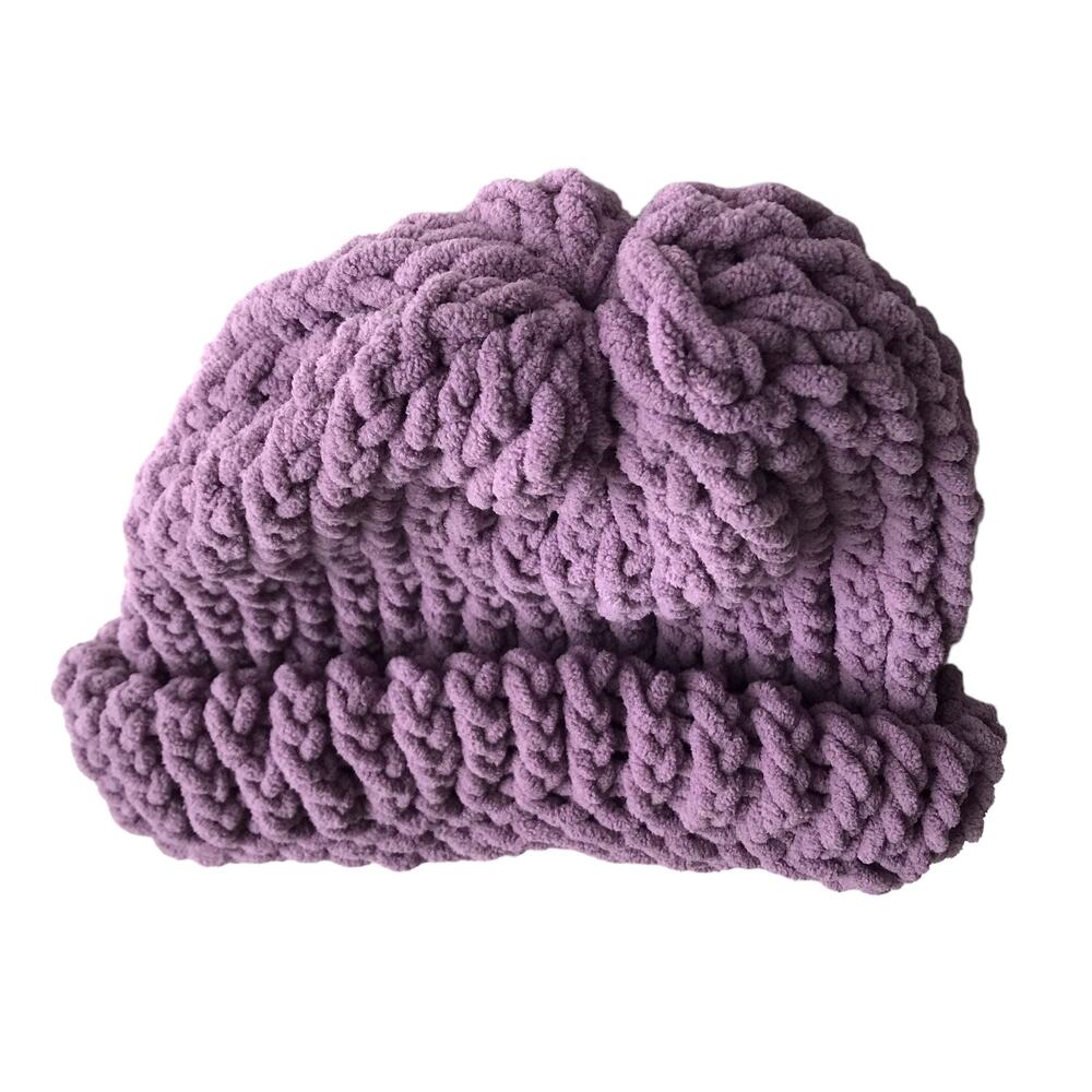 Handmade Knit Hat Stocking Cap Ribbed Beanie Purple Winter Ski Hat Scandi Girl - Picture 6 of 7